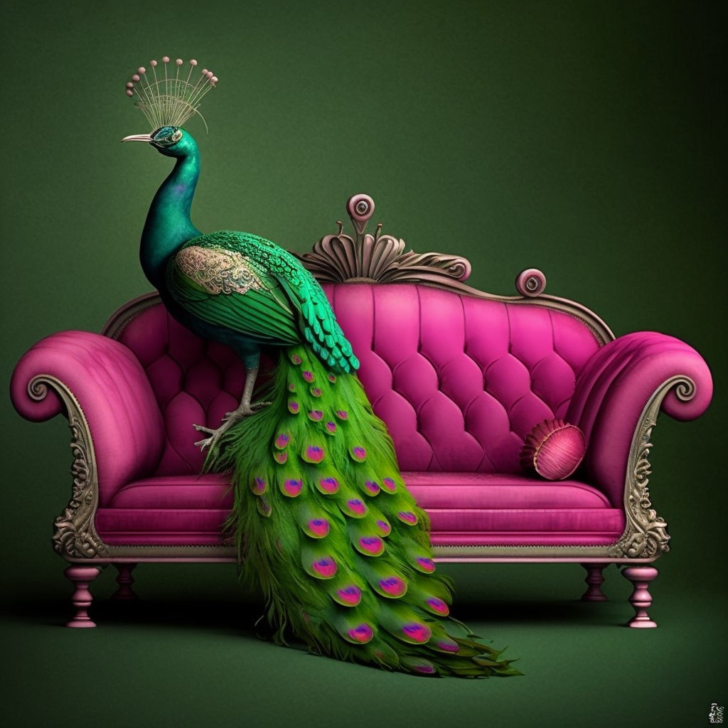 a green peacock sitting on an antique chair