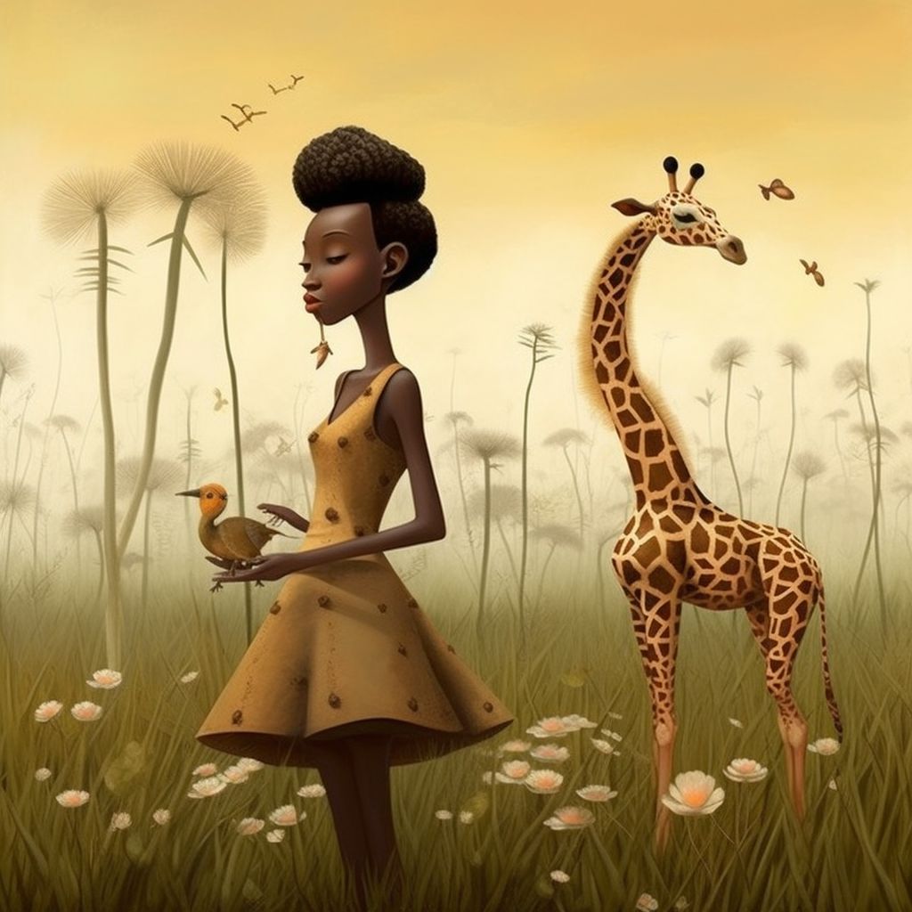 young African girl standing in front of a giraffe